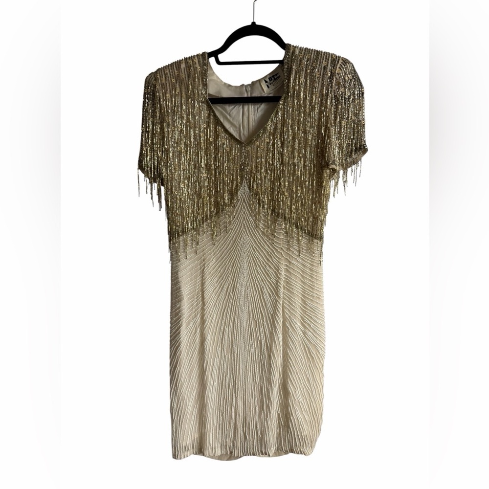 Vintage 100% Silk Beaded Gold Silver Fringe Cocktail Flapper Dress Short Sleeved